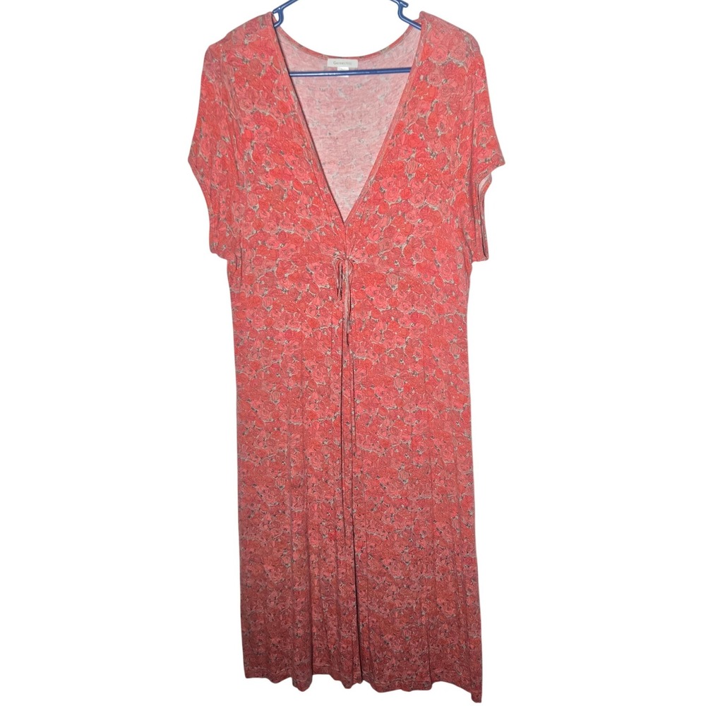 Garnet Hill Floral Rose Midi Dress XL Cottage Romantic Boho Stretch Vneck Summer